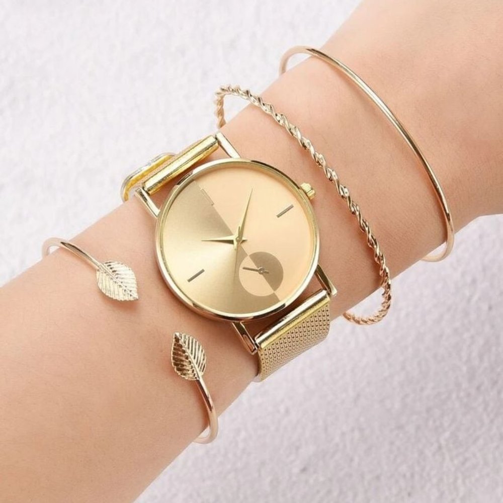 1pc Round Pointer Quartz Watch & 3pcs Bracelet NIB